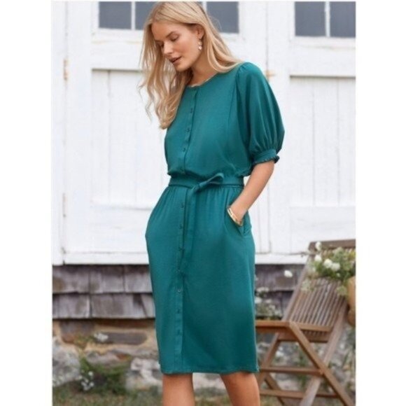NWT Garnet Hill Teal Button Front Midi Jersey Dress - Picture 1 of 8